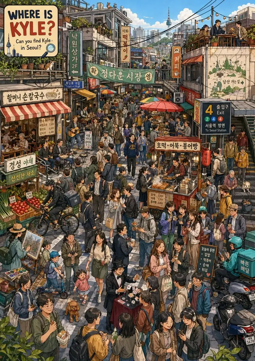 首尔市场寻人:超精细手绘韩式街景插画