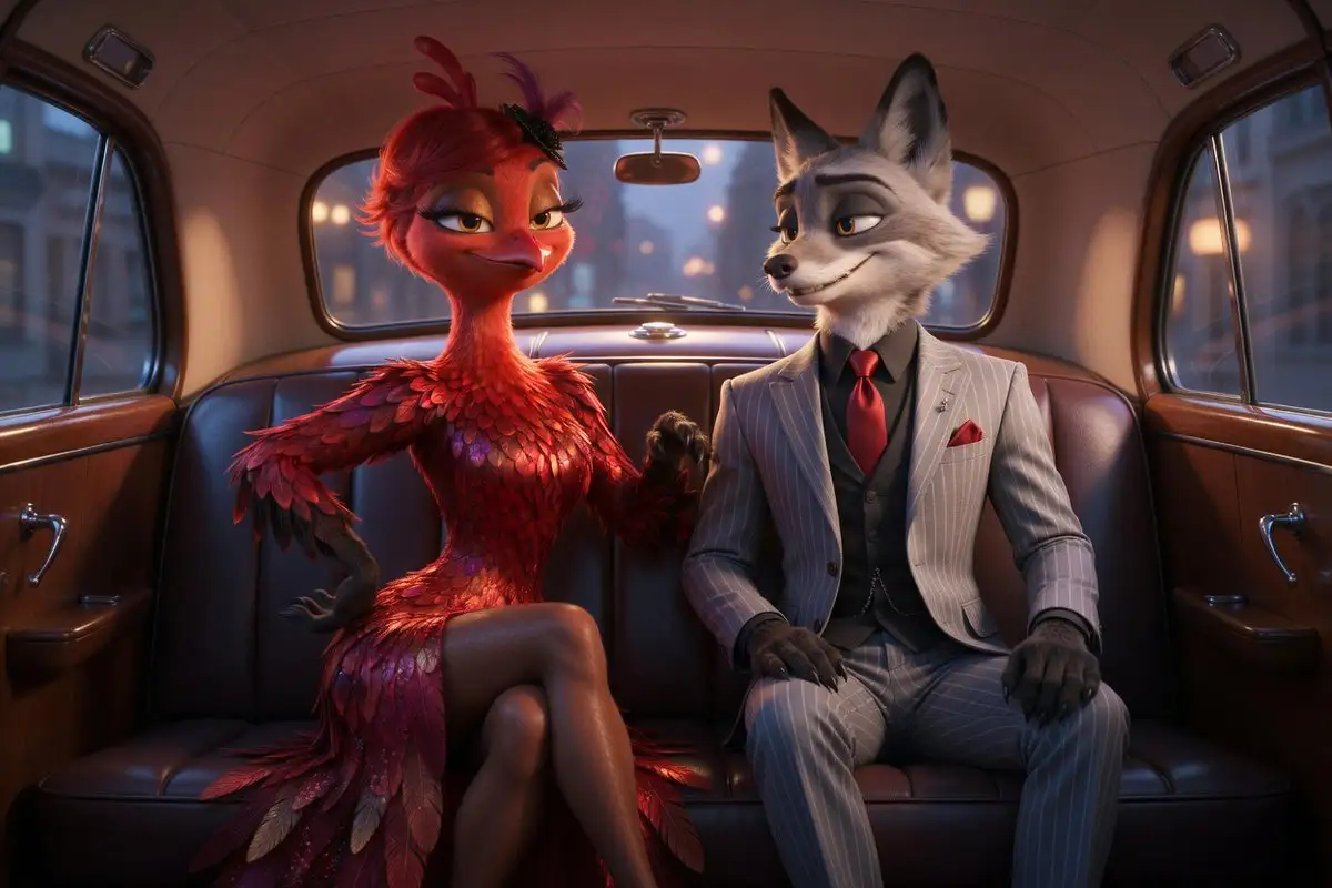 Cinematic Fox and Bird Taxi Scene