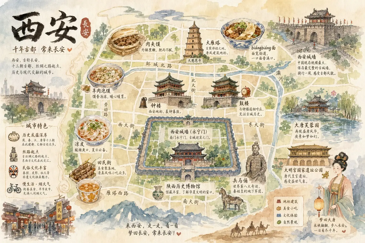 西安手绘水彩城市地图