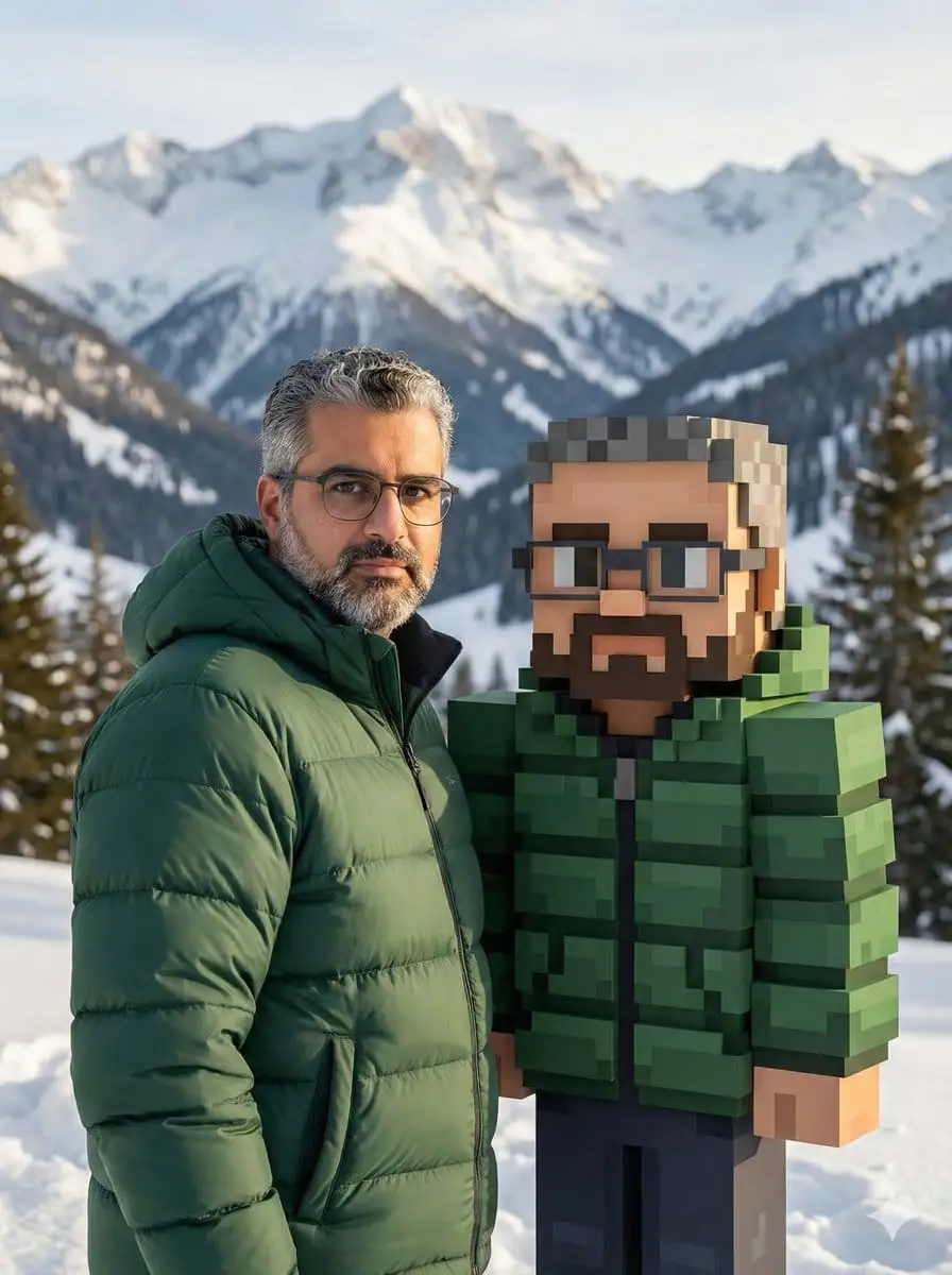 雪山双生:逼真照片与Minecraft体素分身