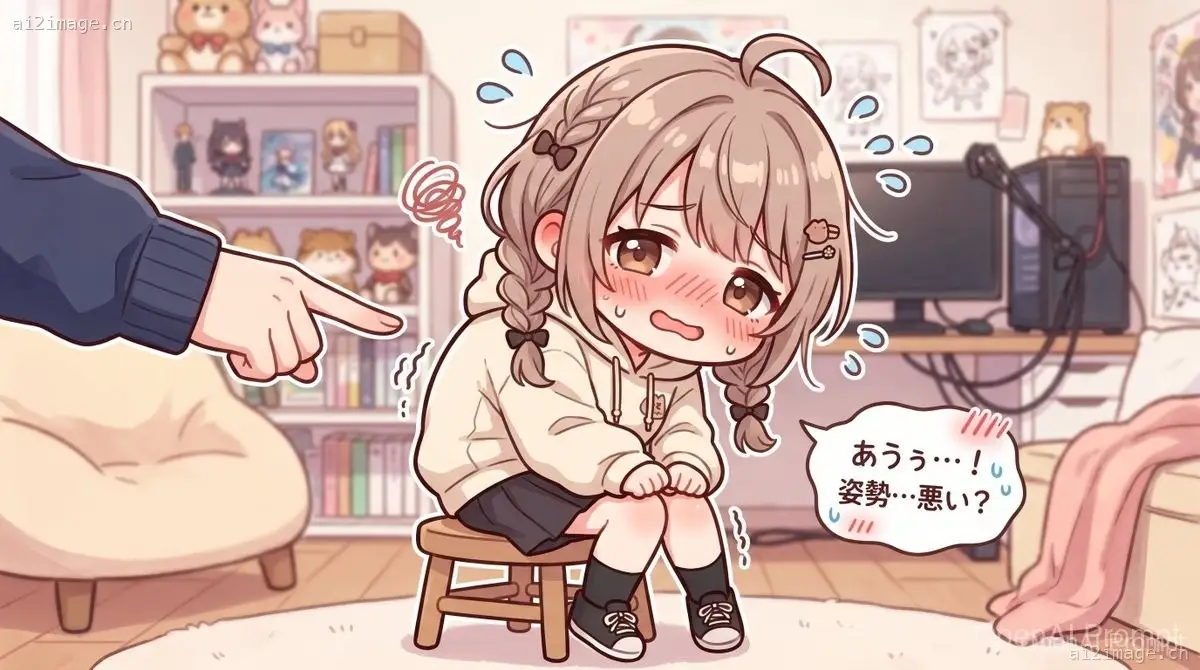 坐在小凳子上害羞的动漫少女