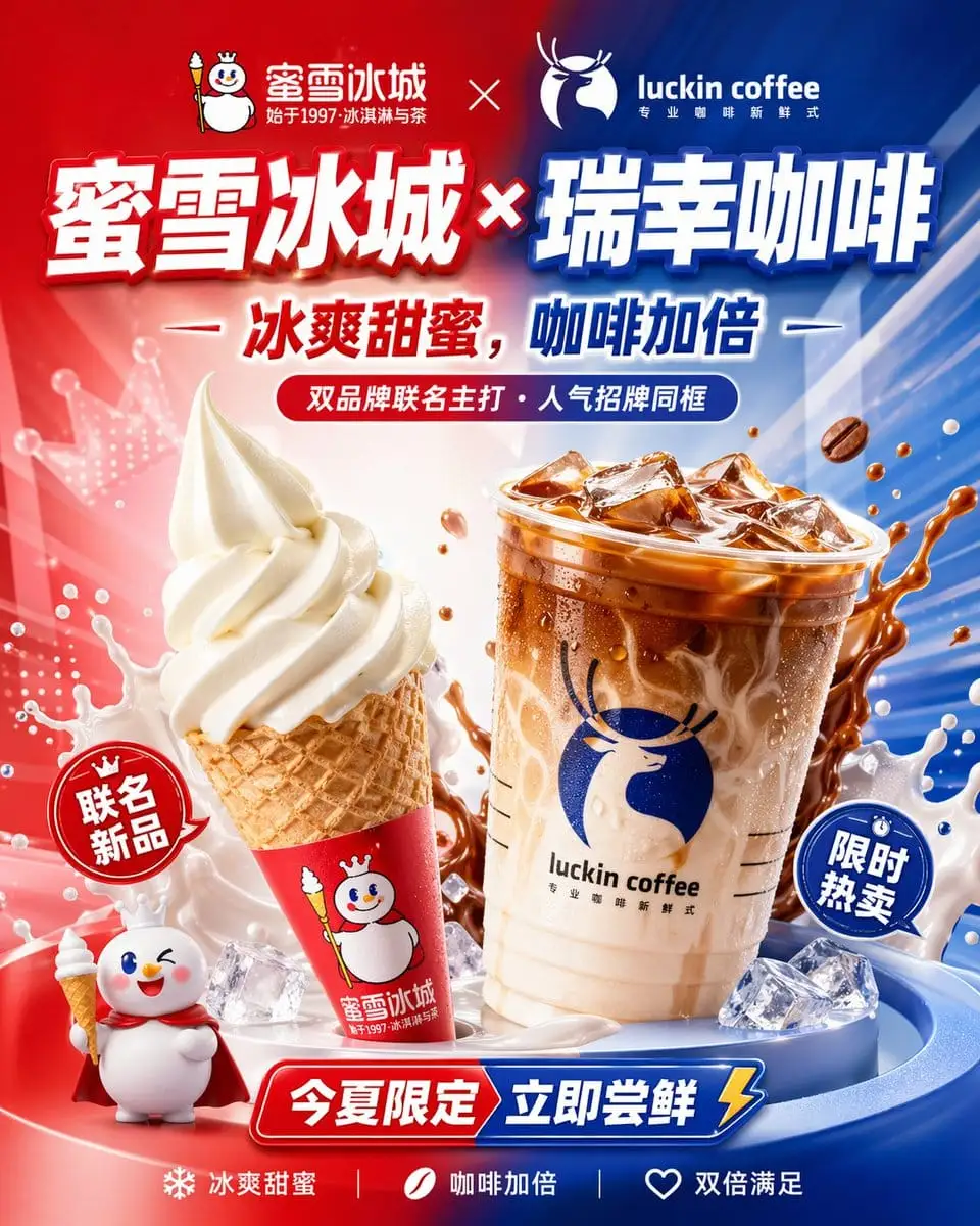 中式联名夏季饮品海报:蜜雪冰城×瑞幸咖啡