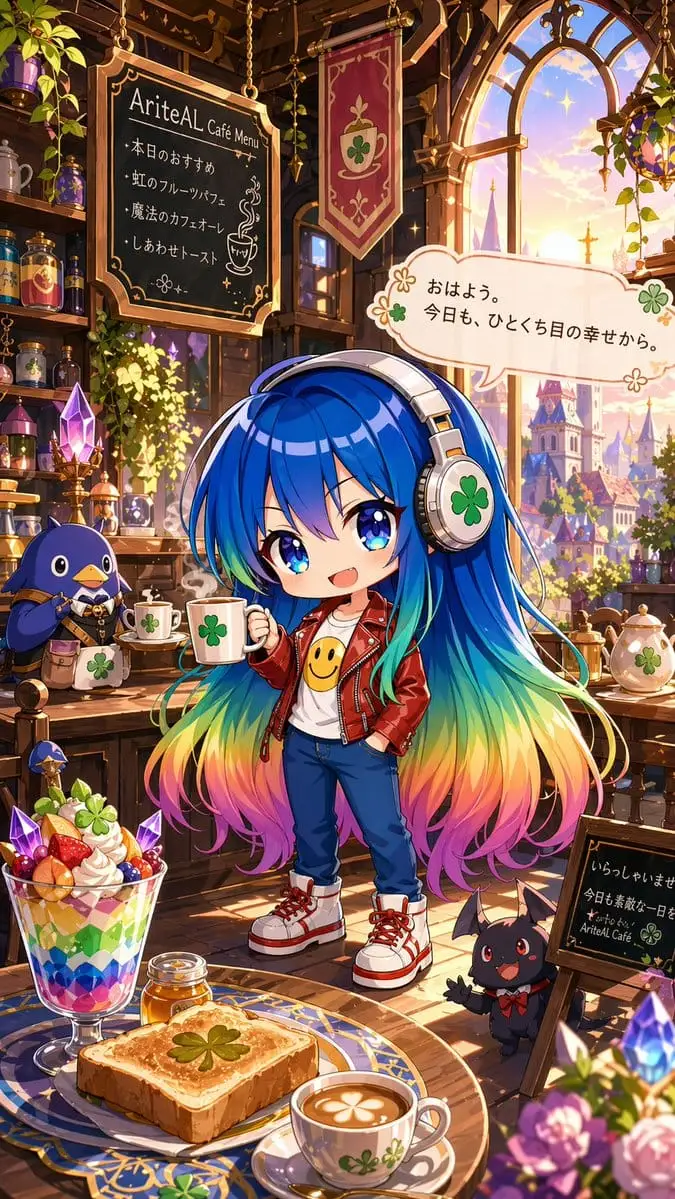 Q版彩虹发色少女·奇幻咖啡馆插画Prompt