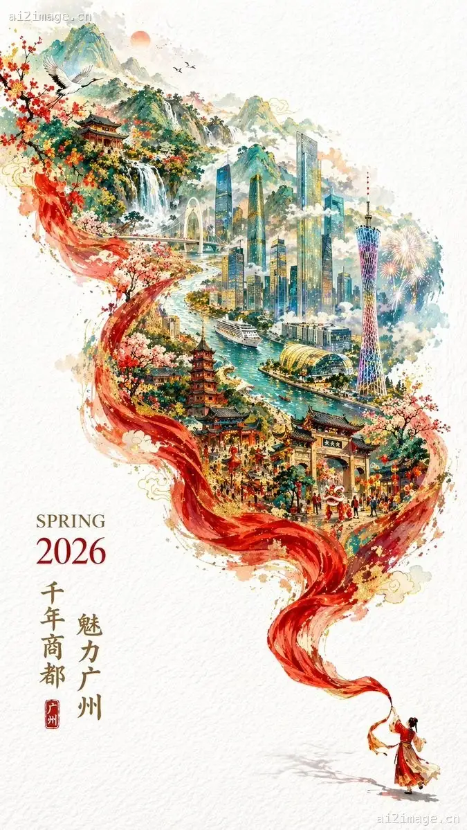 流光丝带城市风光水彩海报