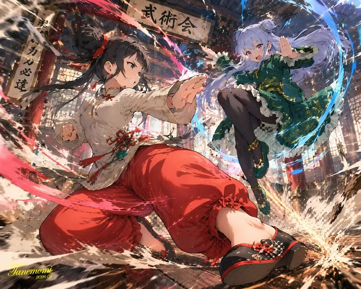 动漫武术对决:少女激战道场插画提示词