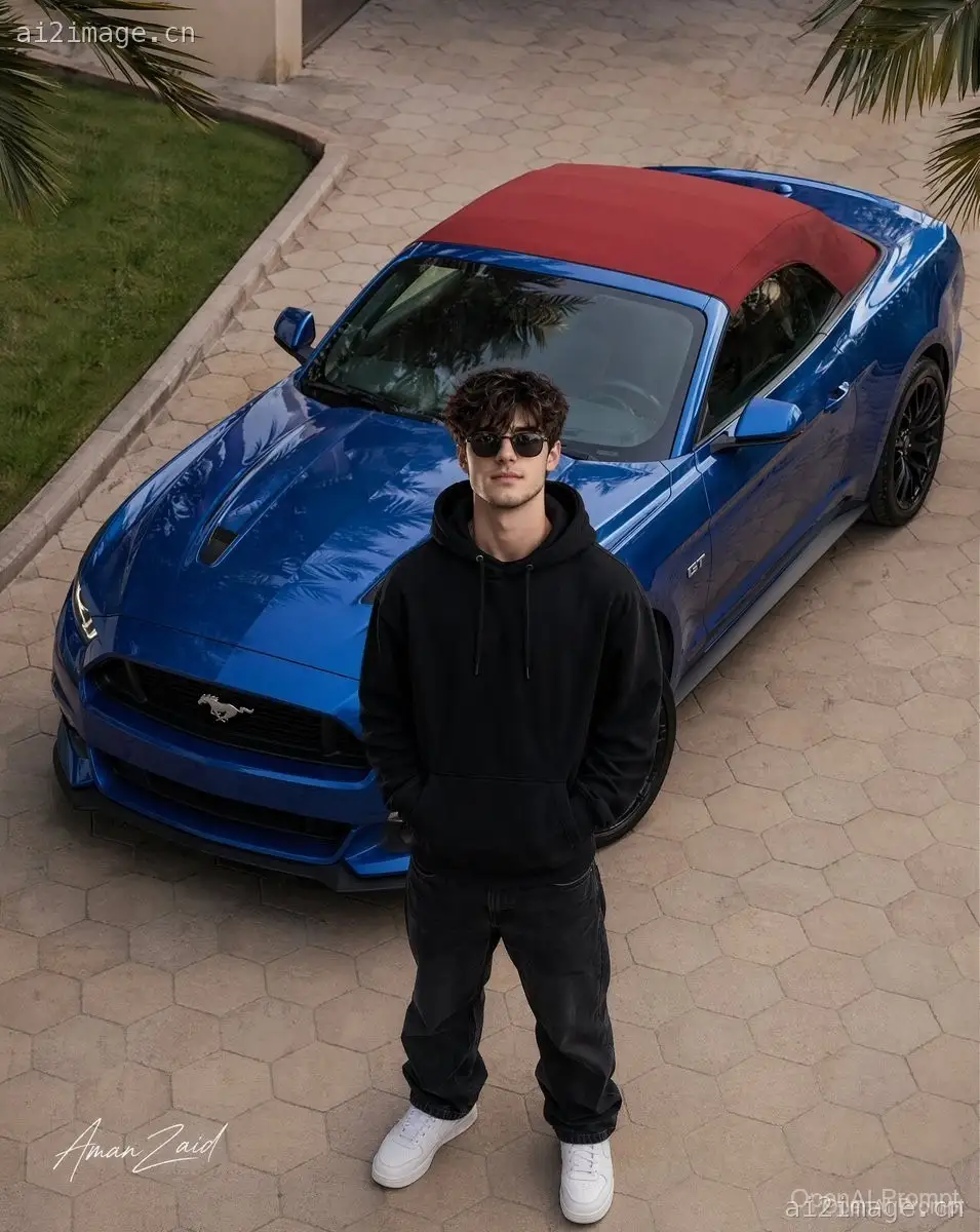 男子与 Ford Mustang 的电影感肖像