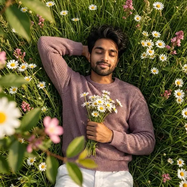 野花草甸中宁静男子的肖像