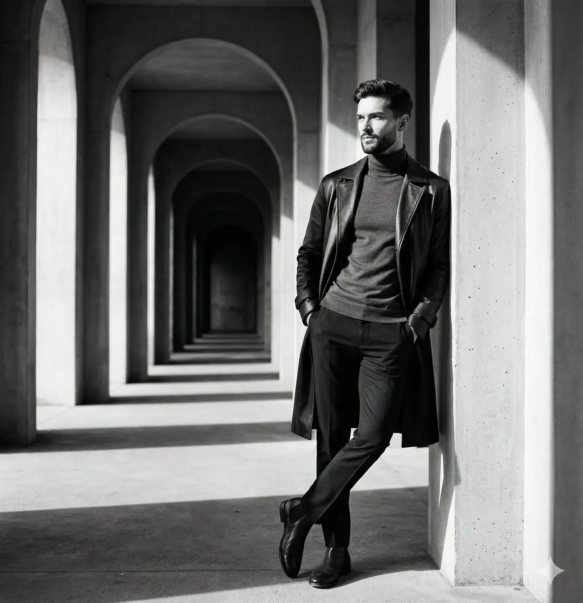 Cinematic Black and White Editorial Portrait in Colonnade