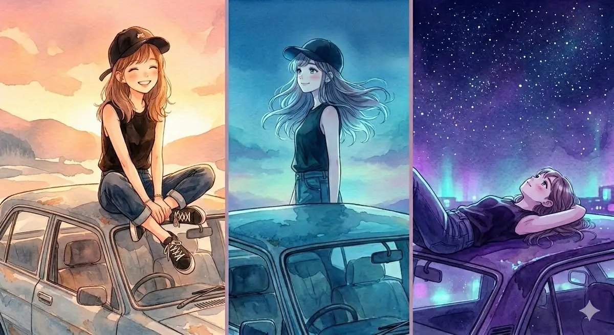 车顶动漫女孩:三联水彩画