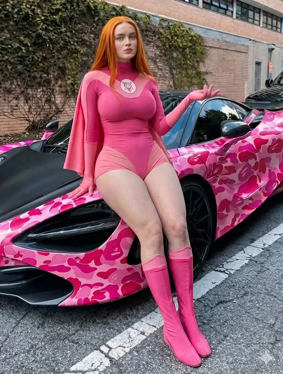 粉色超级英雄装女性与跑车