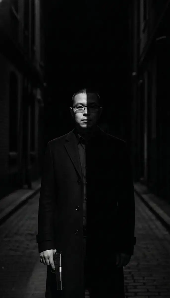 昏暗小巷中的严肃男子，黑色电影风格
