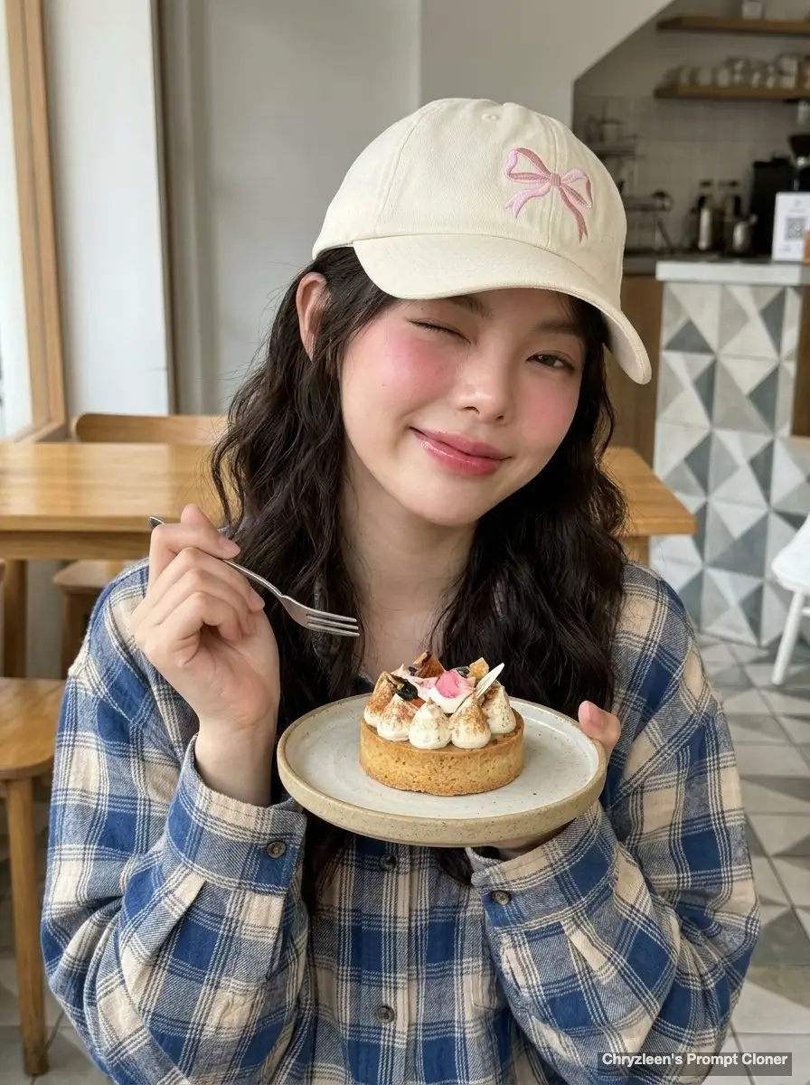 咖啡馆里吃甜点的年轻女子