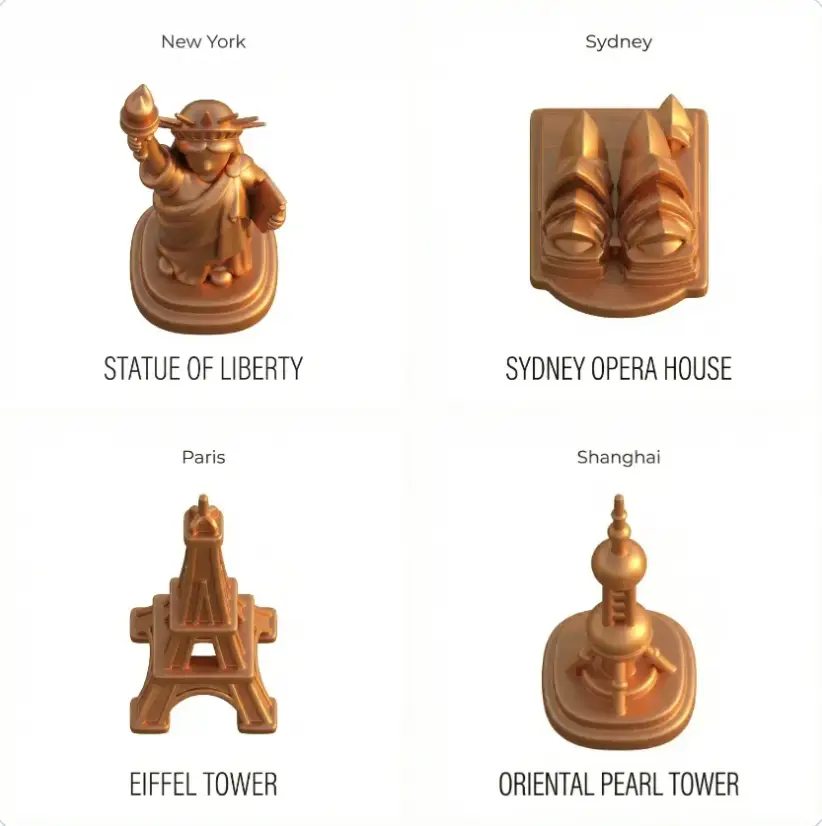 白色背景上的3D玩具地标图标集
