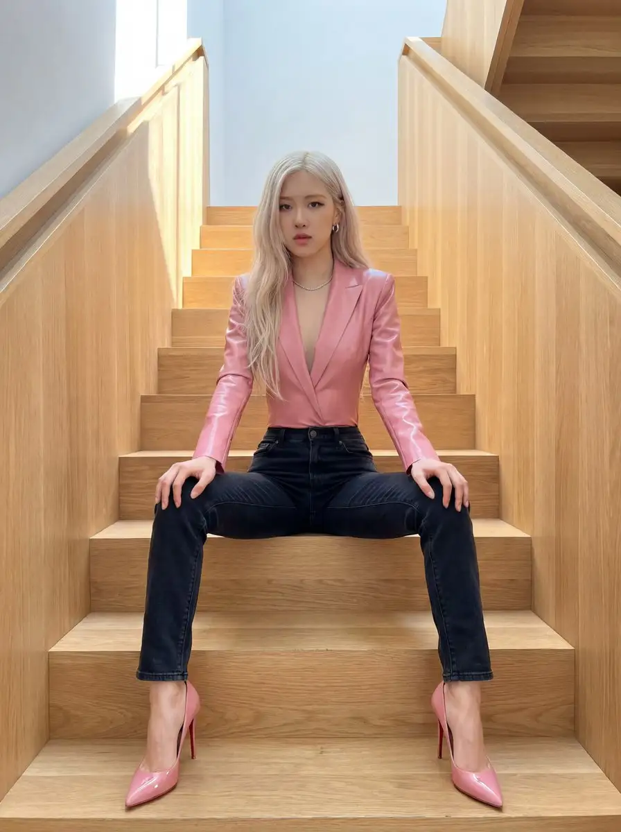 K-pop偶像Rosé在现代木质楼梯上