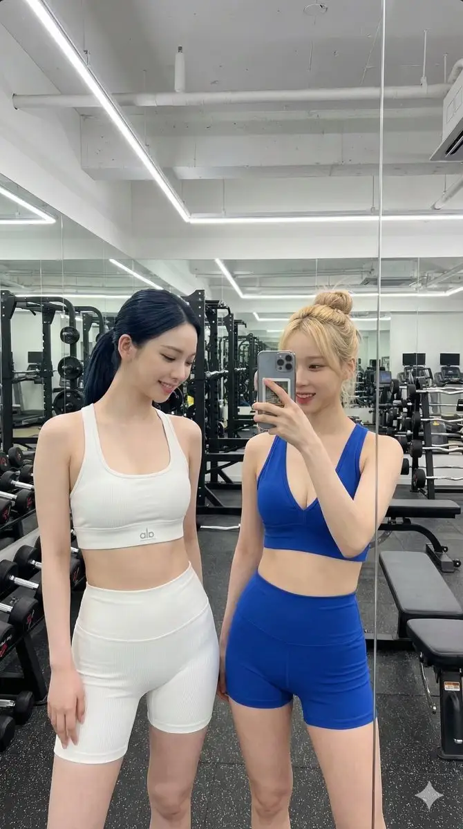 aespa的Karina和Winter在健身房镜子自拍