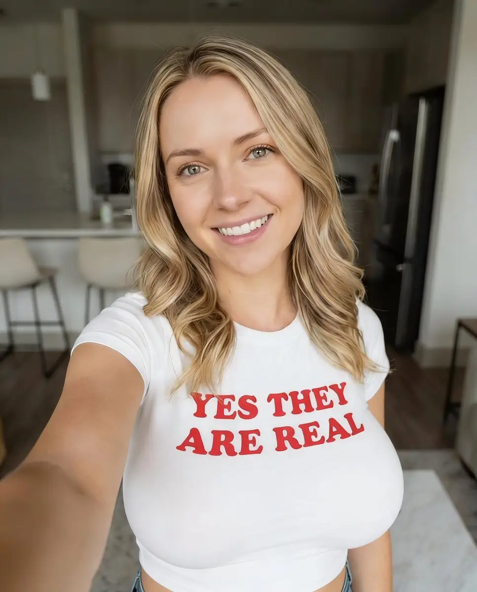 身穿“YES THEY ARE REAL”T恤的女性自拍