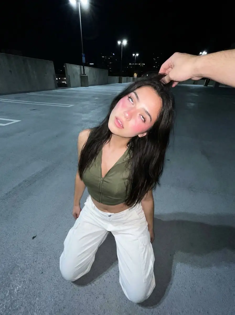 年轻女子跪在柏油路上,一只手从外部伸来