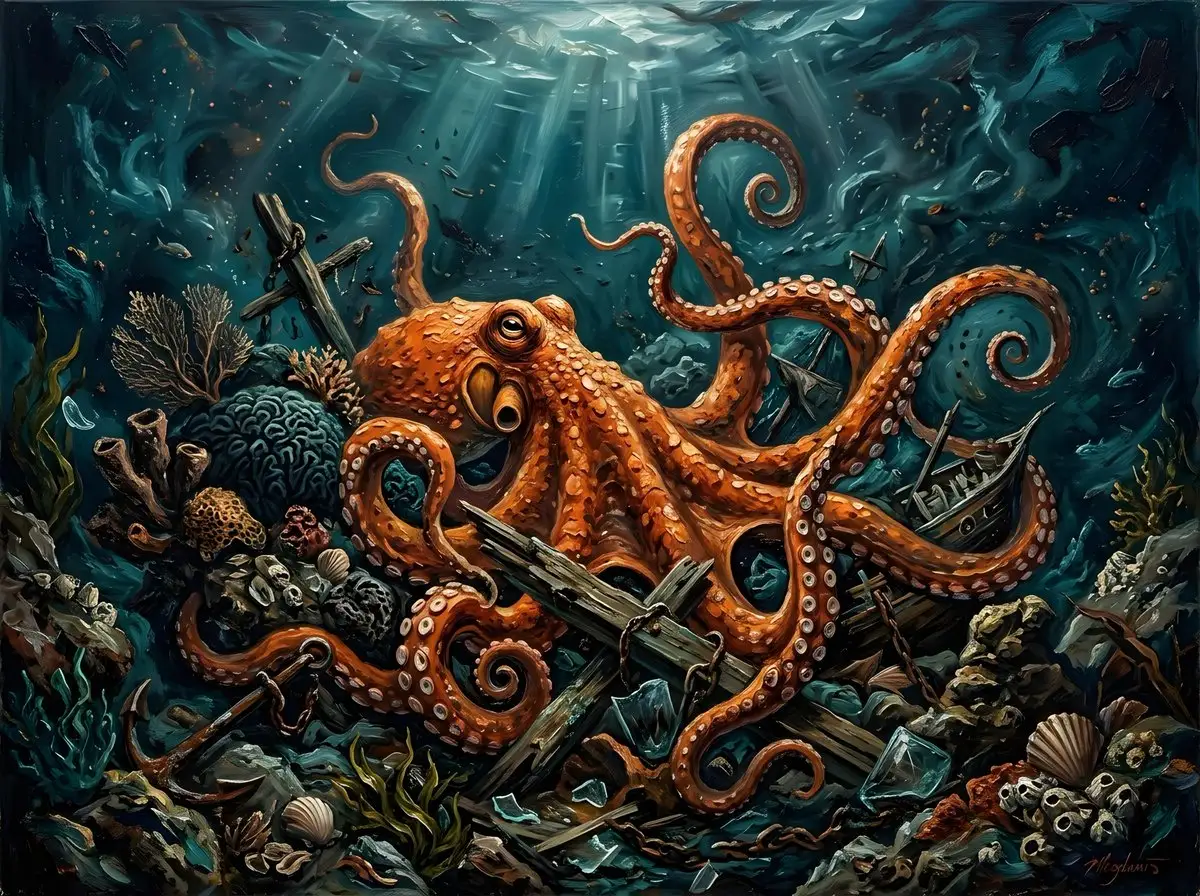水下场景:鲜艳橙色章鱼油画