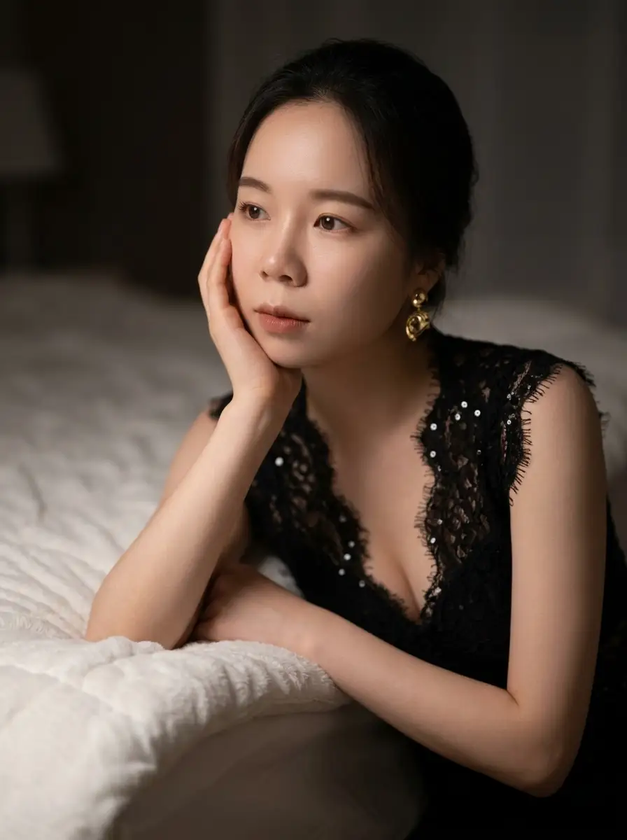 蕾丝上衣的优雅东亚女性,卧室氛围感