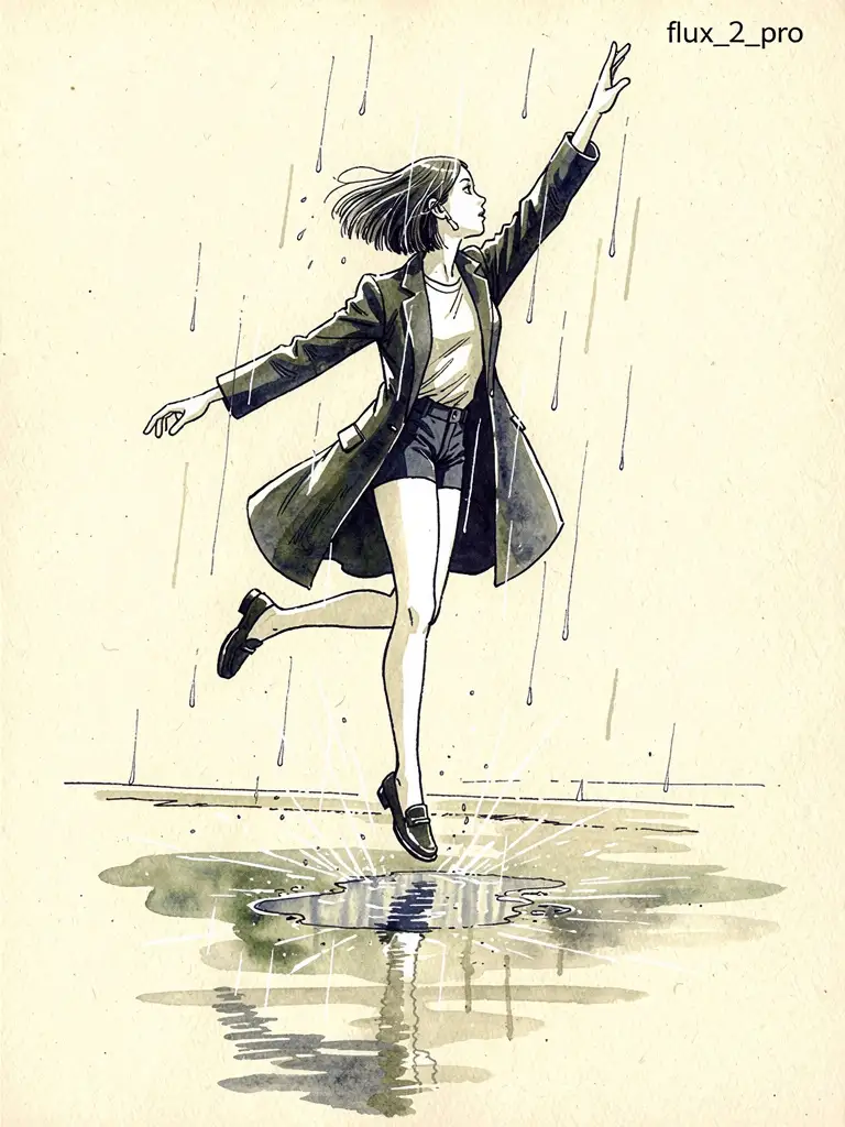 雨夜女子跳水坑，水彩墨迹