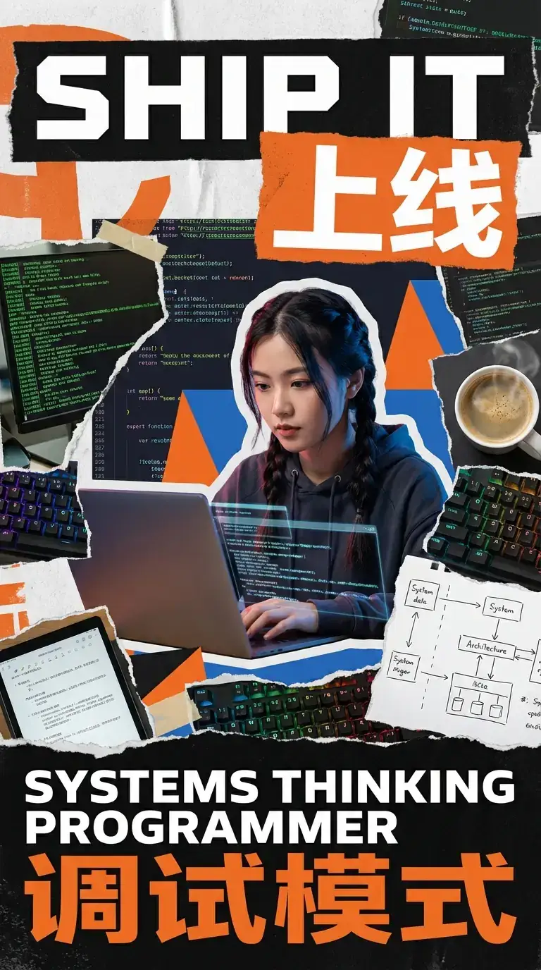 软件开发杂志拼贴海报:Ship It!系统思维程序员与代码排版