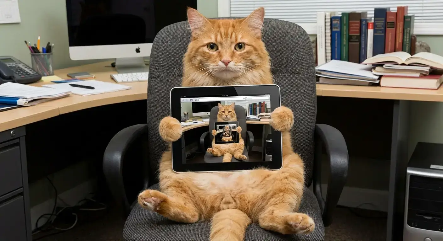 递归德罗斯特效果:猫咪手持iPad的无限循环
