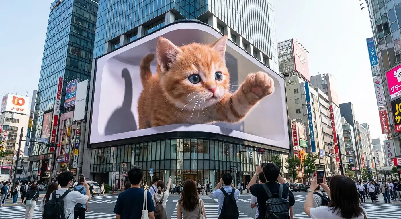 裸眼3D LED广告牌:巨型可爱小猫破屏而出