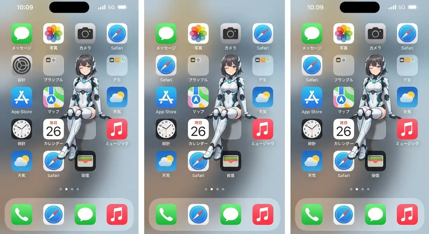 iPhone屏幕上坐在应用图标上的机甲少女:手办比例3D渲染