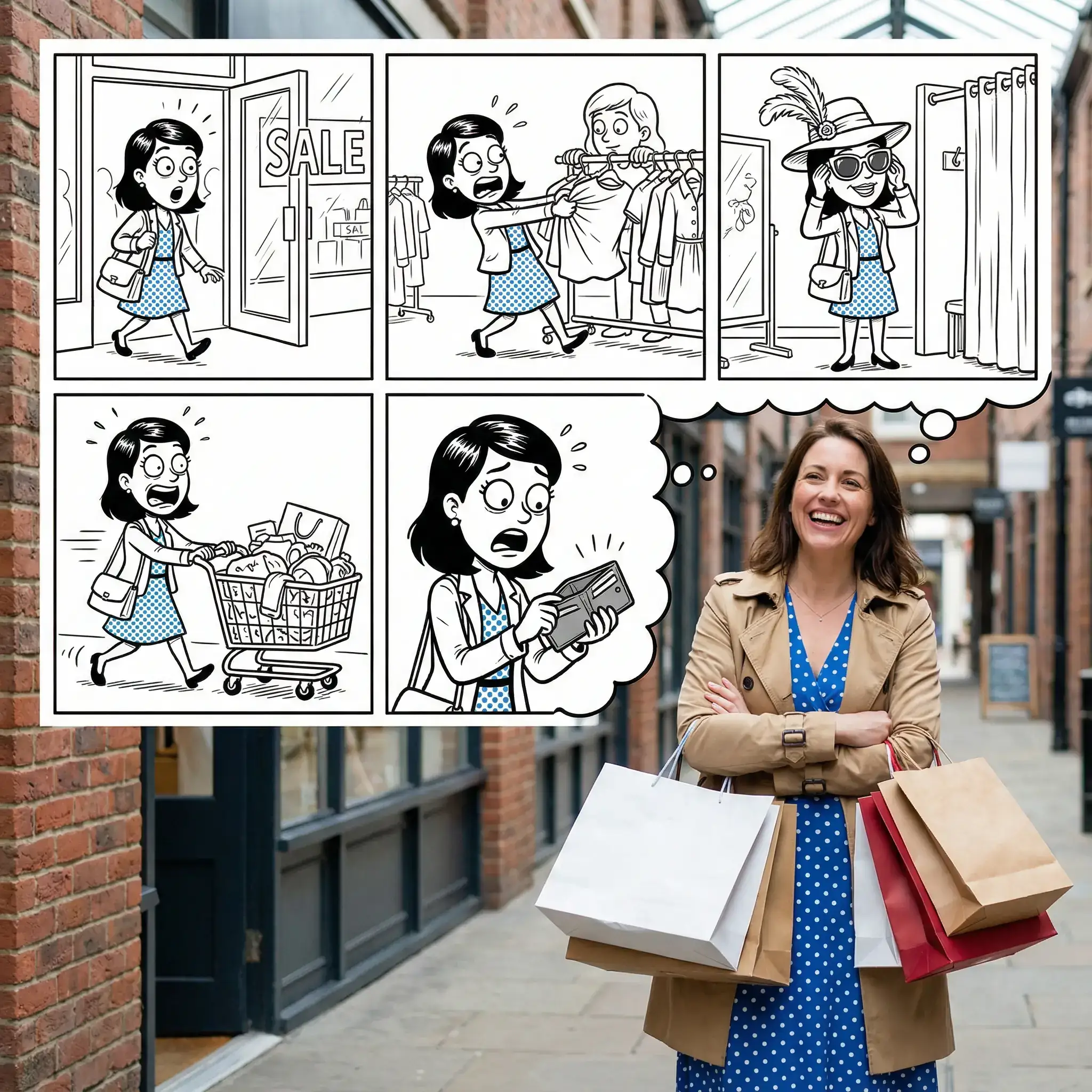 写实女性在漫画购物冒险多格插画中