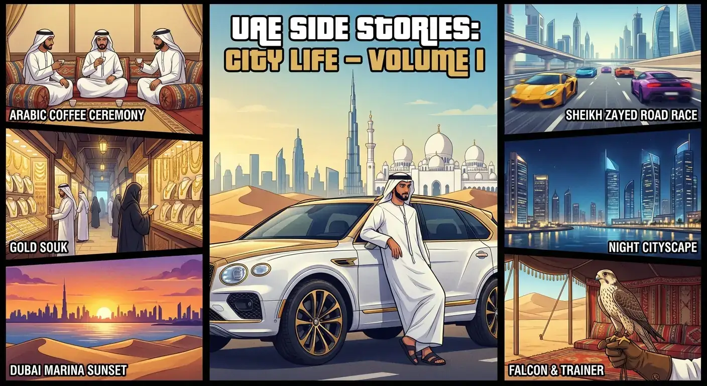 阿联酋外传:GTA V风格动漫漫画格子海报配迪拜奢华美学