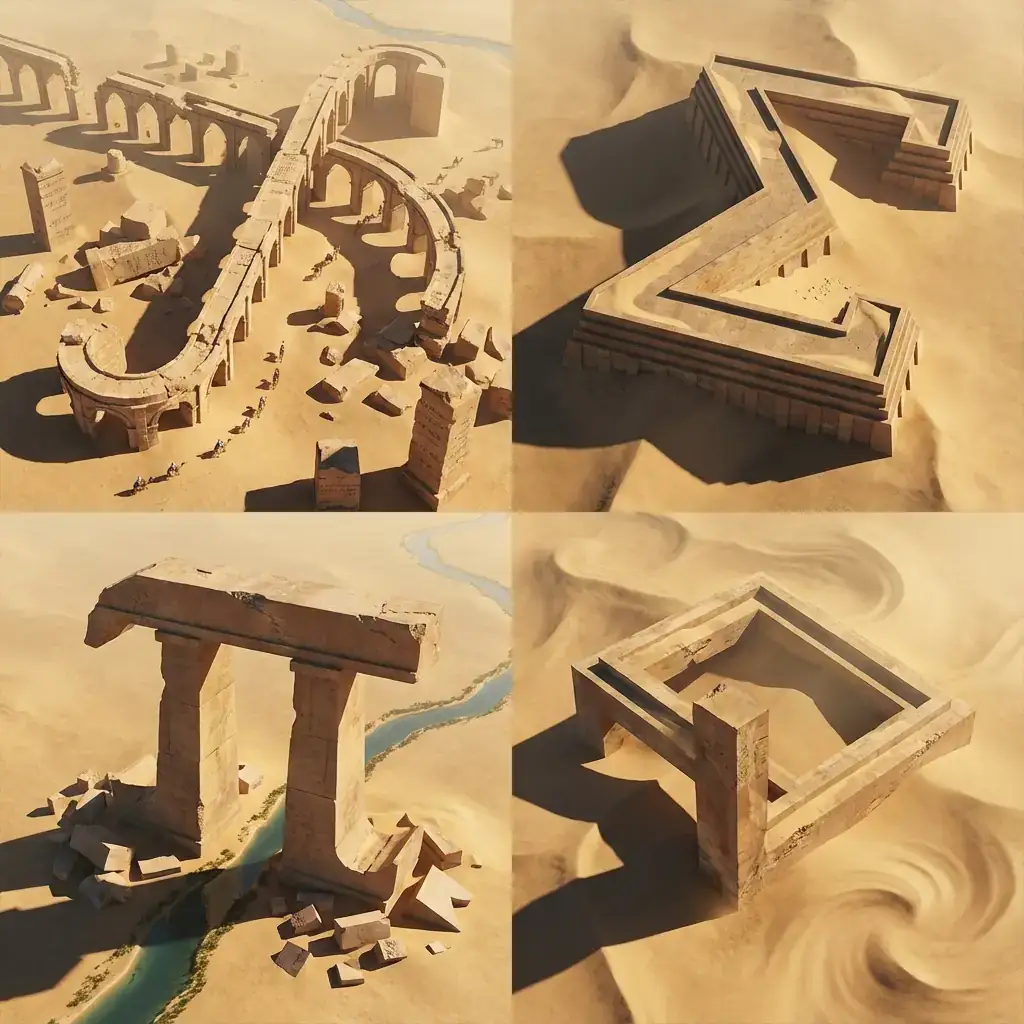 2x2网格布局:将数学符号转化为古代沙漠遗迹的纪念性建筑