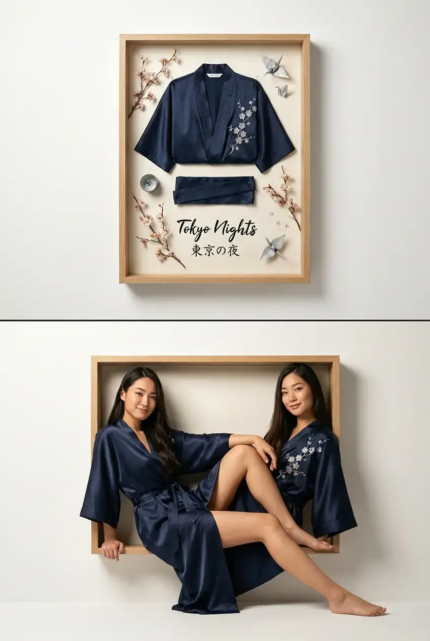 时尚展示分屏:影盒平铺服装与3D错觉模特摄影