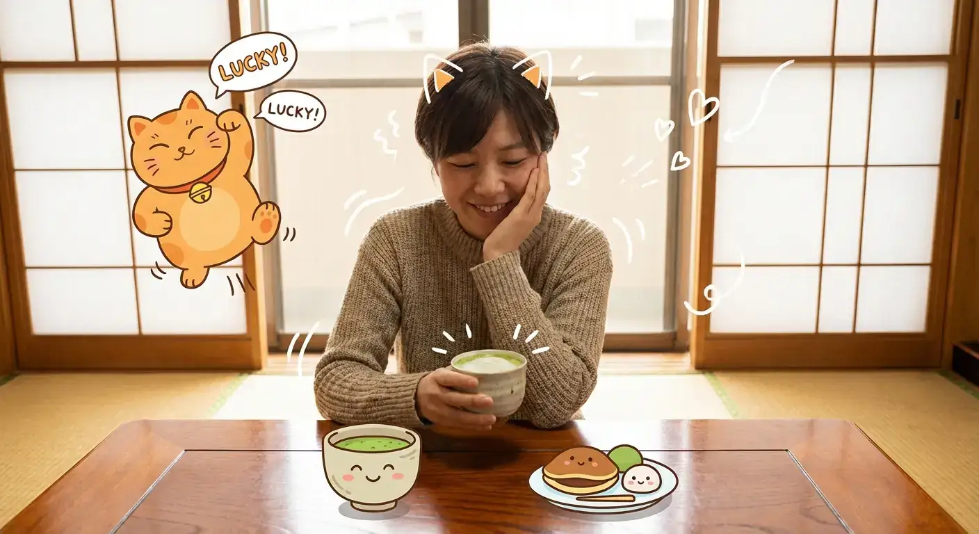日式抹茶茶道人像配卡哇伊手绘卡通涂鸦叠加