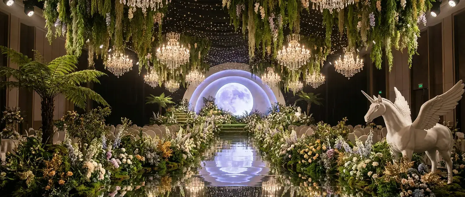 梦幻森林主题婚礼仪式:沉浸式星光花园宴会厅配水晶吊灯