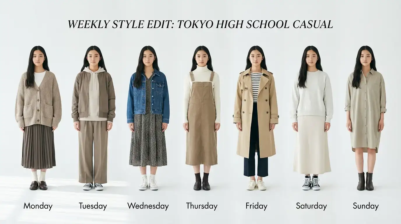 日本高中女生一周穿搭手册:7天日常服装搭配白底展示