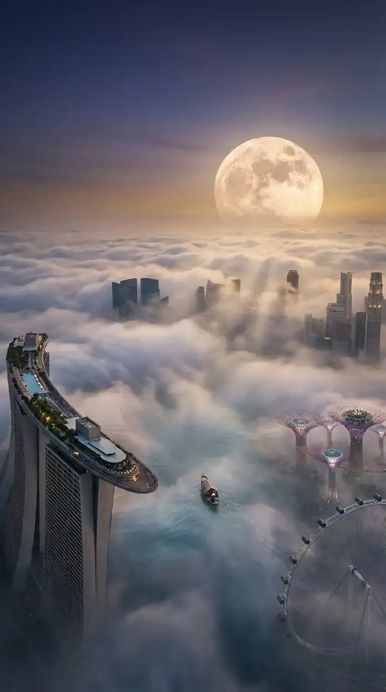 超现实新加坡天际线云海月景魔幻现实主义