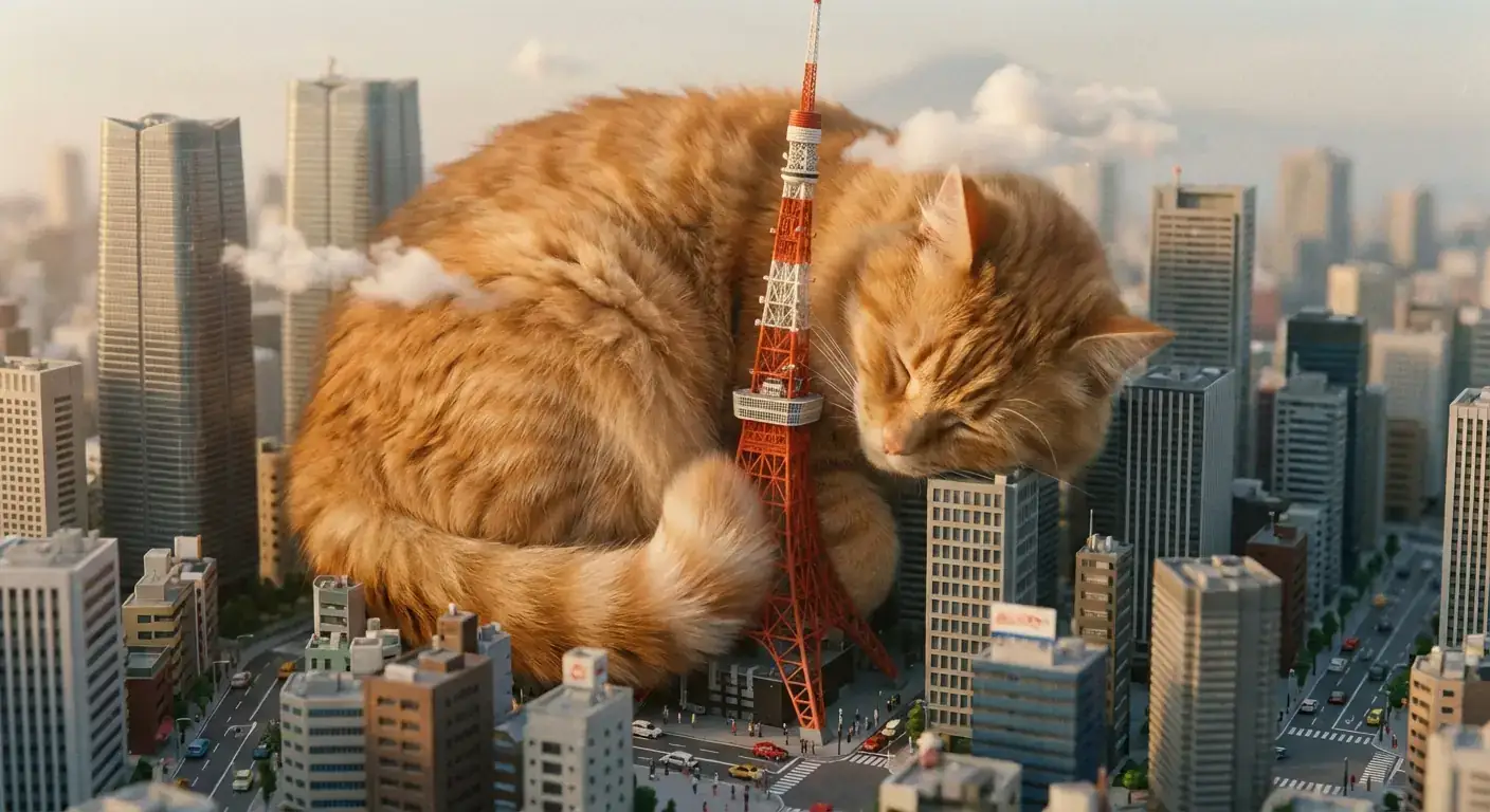 超巨型可爱橙猫占领东京塔的真实城市场景