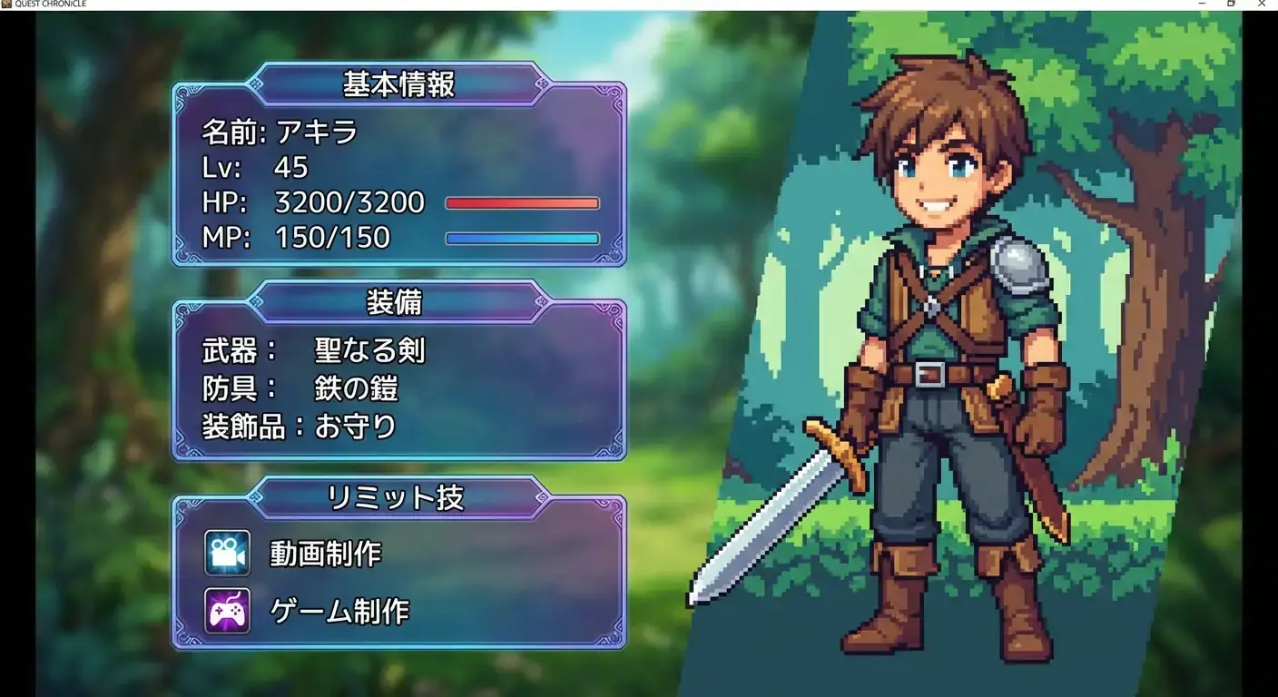 日式RPG角色状态面板:3D卡通角色配半透明UI界面