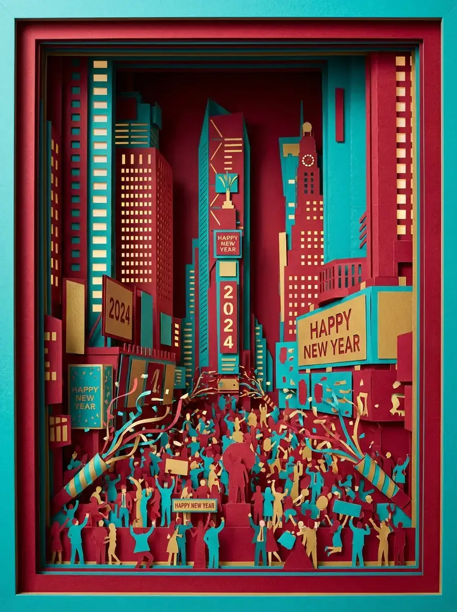 鲜艳3D分层纸质镂空立体场景:时代广场新年庆典