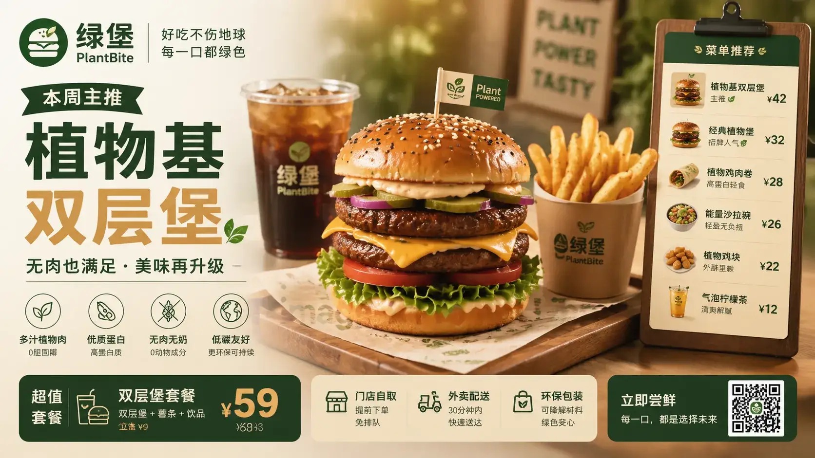 绿堡植物基汉堡菜单主推图