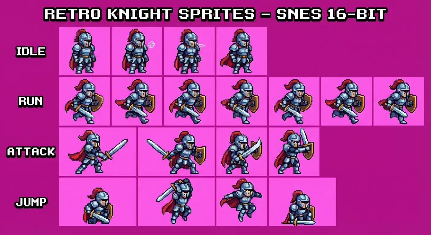 像素风横版角色动作表 (Pixel Art Sprite Sheet)