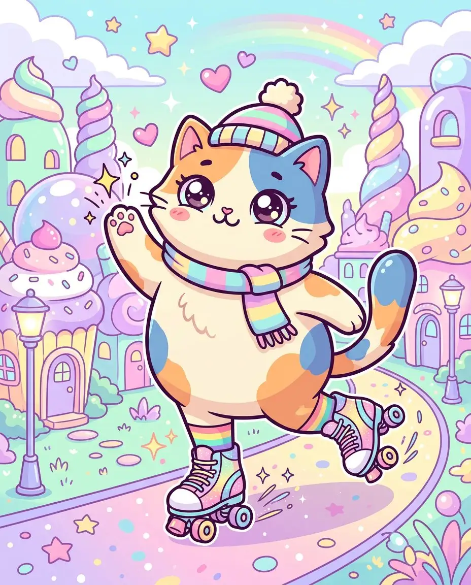 流行超现实可爱风格的轮滑猫