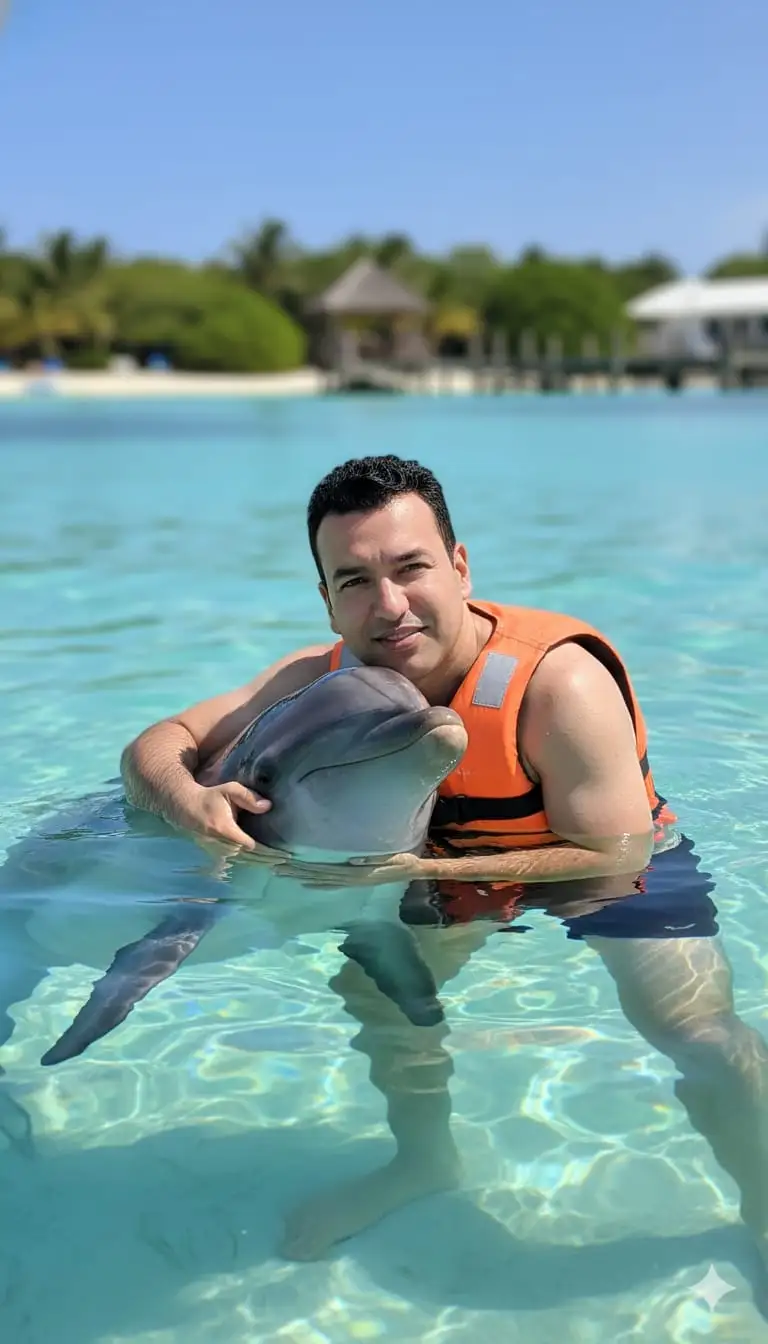 碧绿海水中人与海豚