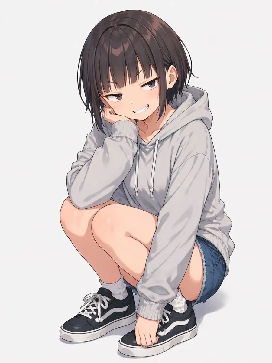 蹲姿动漫少女:大码连帽衫忧郁风插画