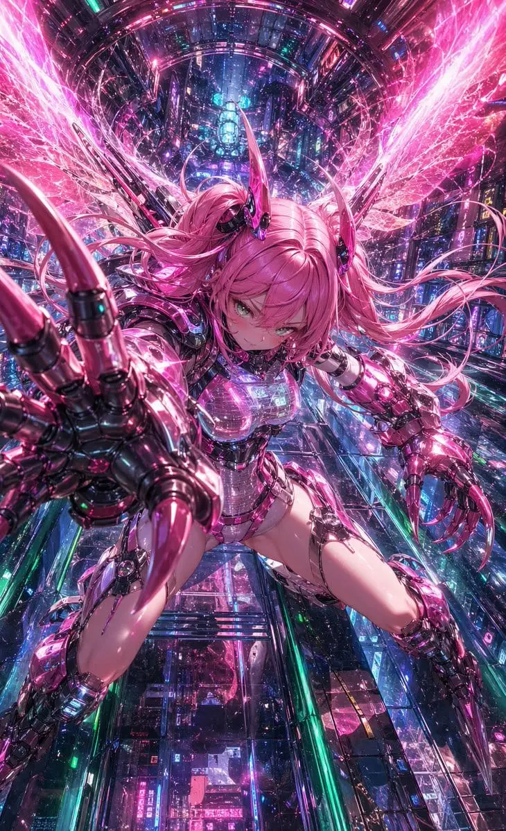 赛博朋克粉色机甲天使少女 | 动态插画提示词