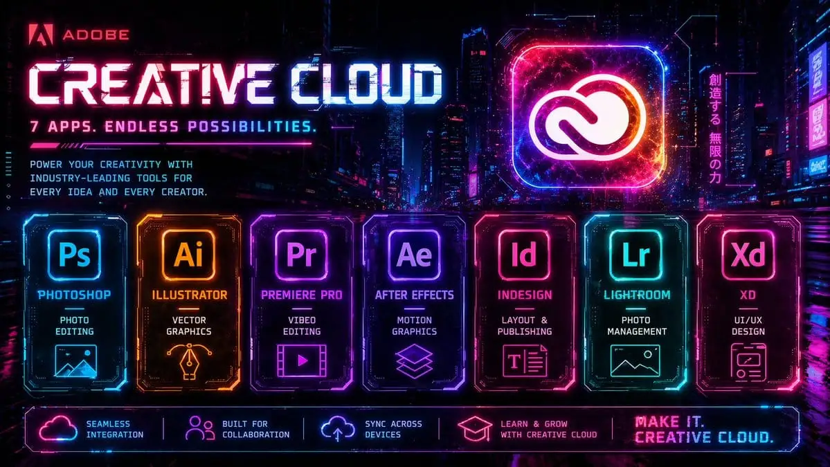 赛博朋克风 Adobe Creative Cloud 广告海报设计提示词