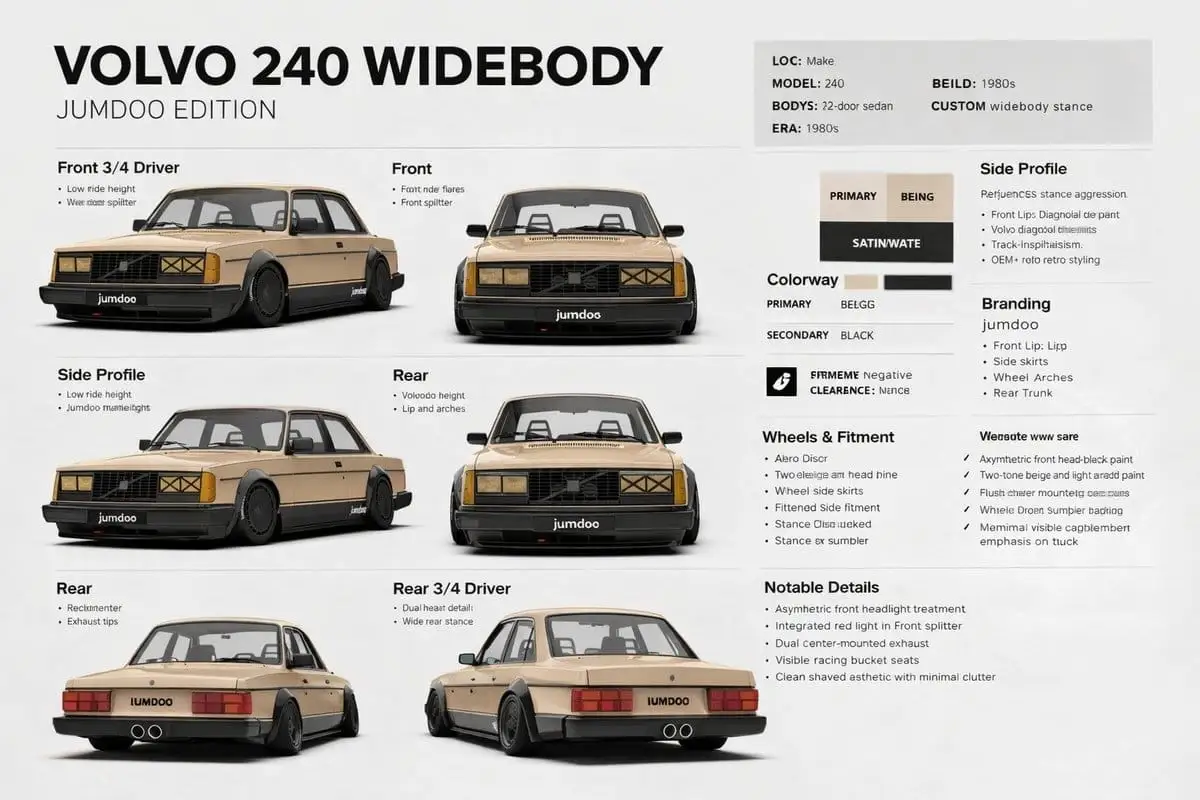 宽体 Volvo 240 规格项目 — 瑞士风格汽车设计渲染