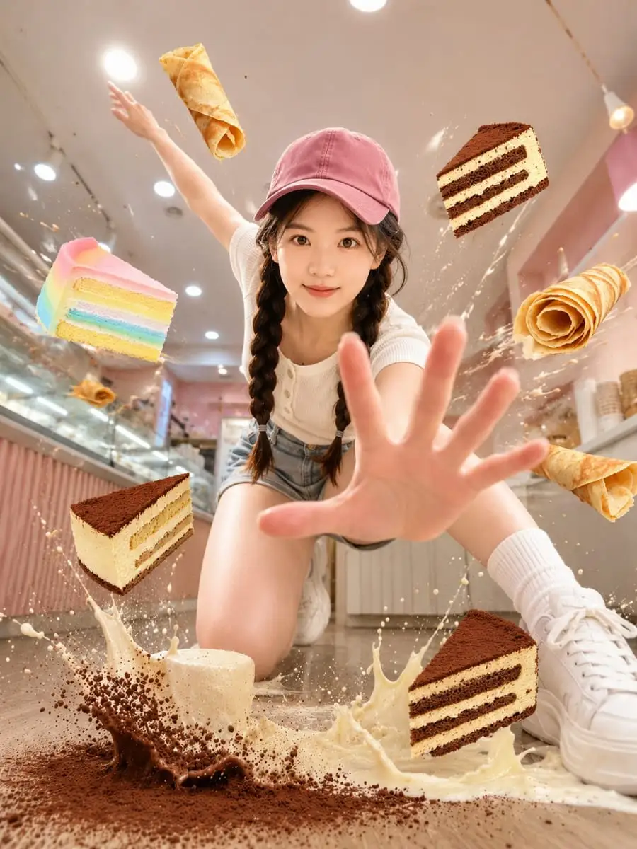甜品店悬浮人像:动态透视创意摄影
