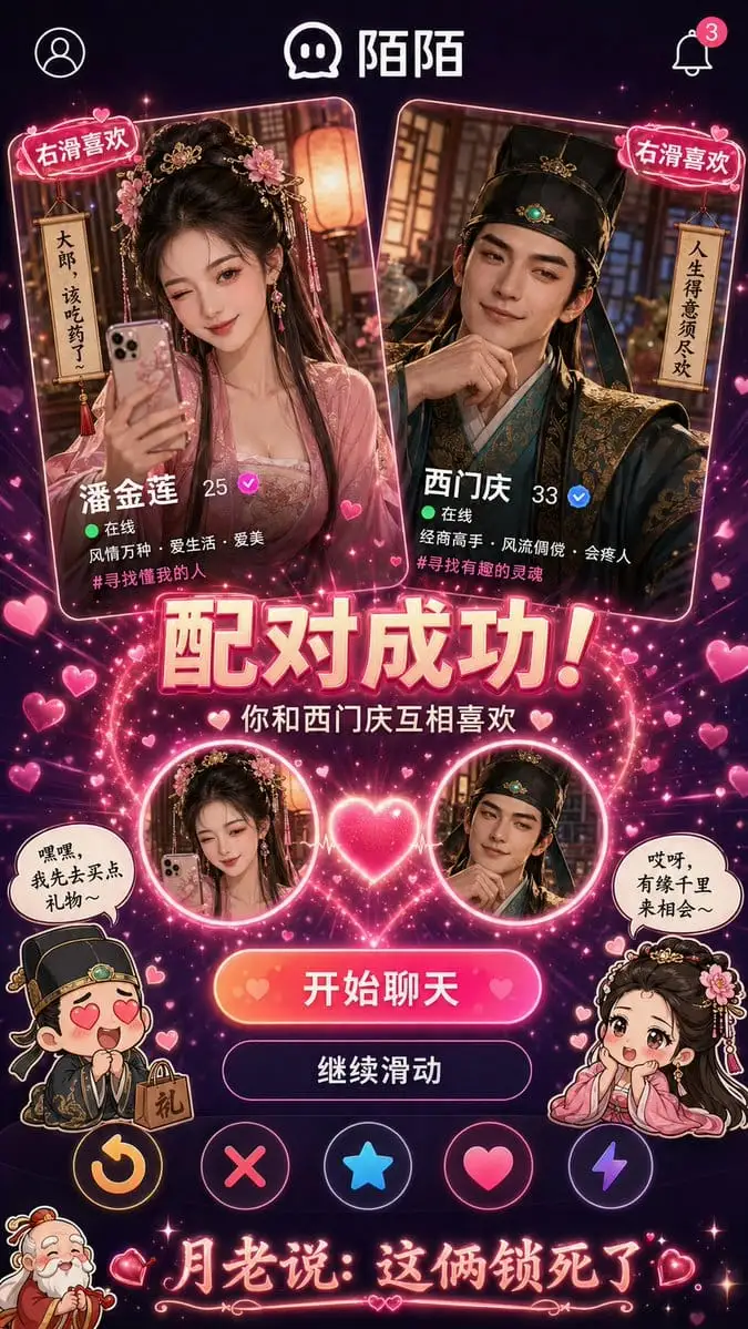 陌陌匹配潘金莲x西门庆,爱心特效动画