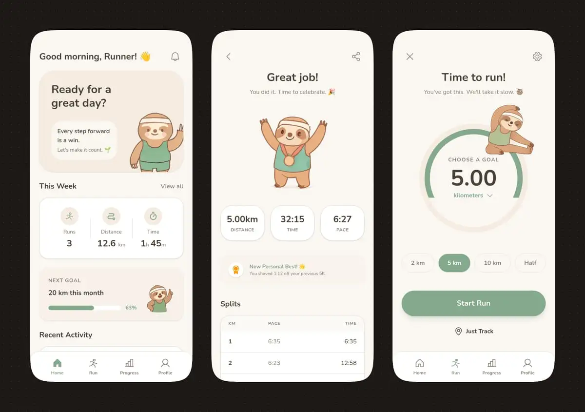 树懒吉祥物·柔和色调跑步App UI设计